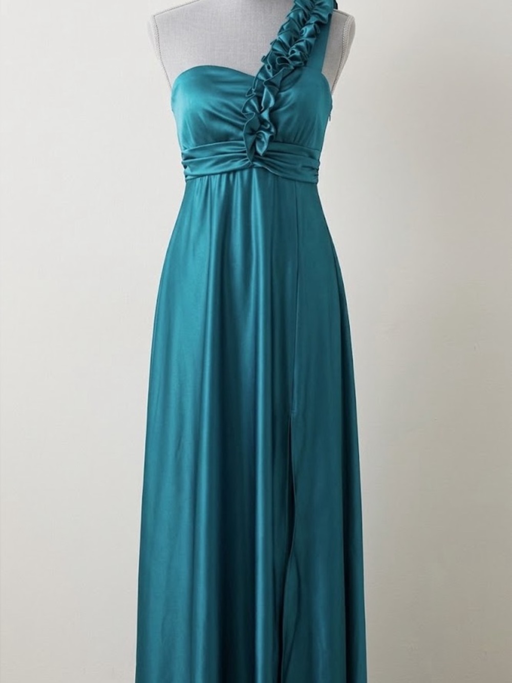 Morgan & Co. One-Shoulder Ruffled Satin Dress in Teal